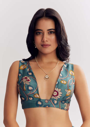 Blue Shaded Muslin Printed Saree With Mirror Gota Zari And Sequins