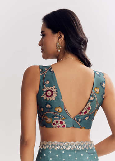 Blue Shaded Muslin Printed Saree With Mirror Gota Zari And Sequins