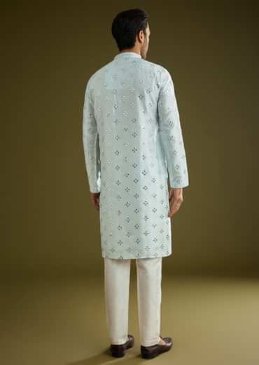 Blue Silk Blend Kurta Set With Mirror Work