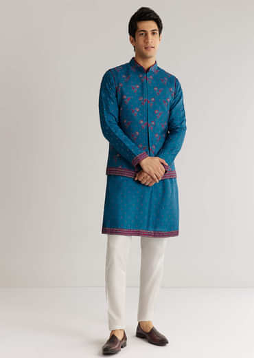 Blue Silk Cutdana Embroidered Kurta Jacket Set