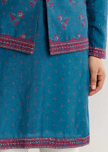 Blue Silk Cutdana Embroidered Kurta Jacket Set