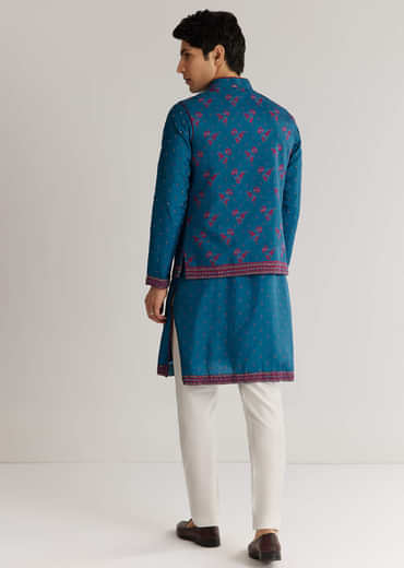 Blue Silk Cutdana Embroidered Kurta Jacket Set