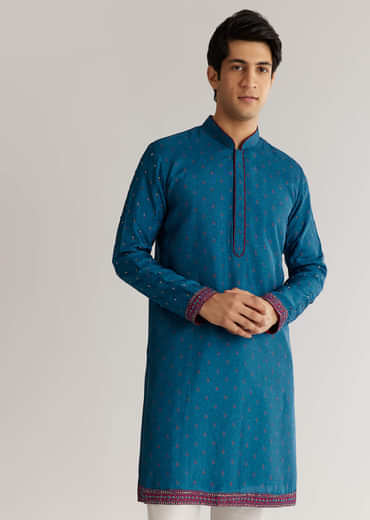 Blue Silk Cutdana Embroidered Kurta Jacket Set