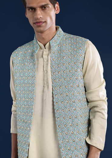Blue Silk Cutwork Jacket Kurta Set