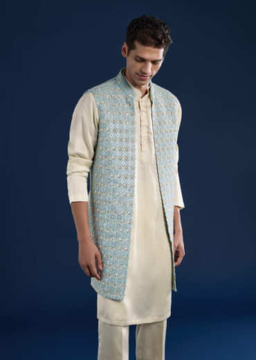 Blue Silk Cutwork Jacket Kurta Set