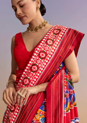 Blue Silk Double Ikkat Handwoven Patola Saree With Floral Motifs