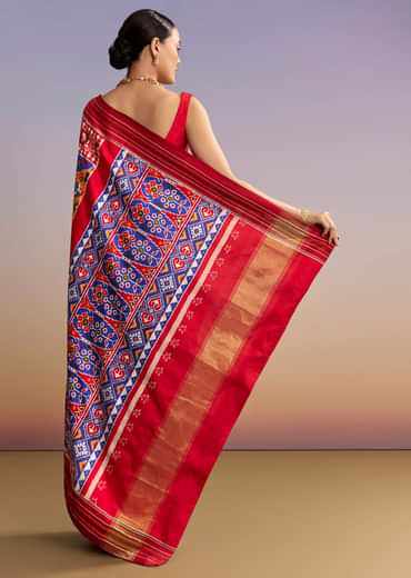Blue Silk Double Ikkat Handwoven Patola Saree With Floral Motifs