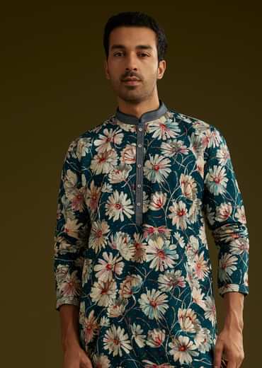 Teal Green Silk Floral Kurta Set With Stone Work