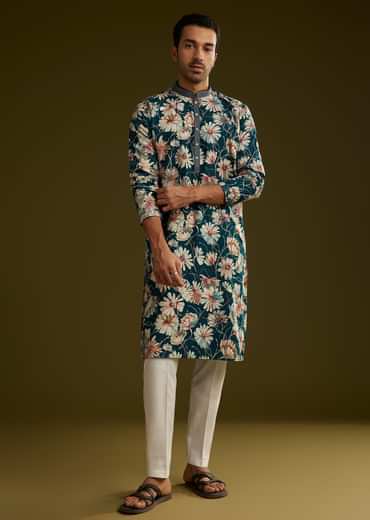 Teal Green Silk Floral Kurta Set With Stone Work