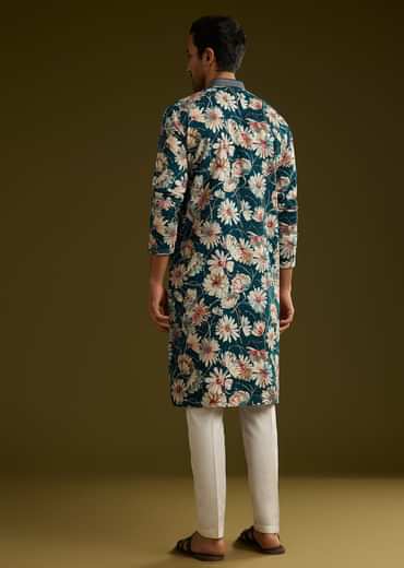 Teal Green Silk Floral Kurta Set With Stone Work