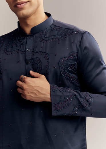 Blue Silk Hand Embroidered Kurta Set For Men