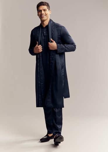 Blue Silk Hand Embroidered Kurta Set For Men