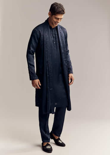 Blue Silk Hand Embroidered Kurta Set For Men