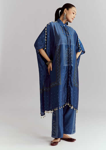 Blue Silk Kaftaan Kurta Set With Bandhani Print