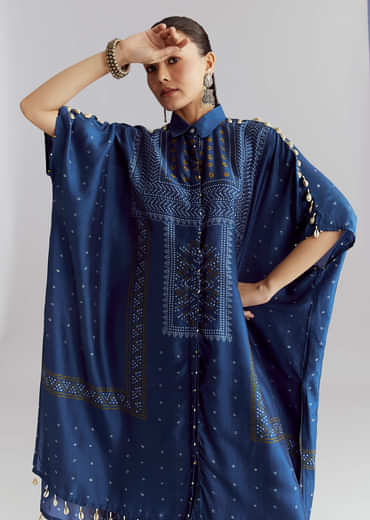Blue Silk Kaftaan Kurta Set With Bandhani Print