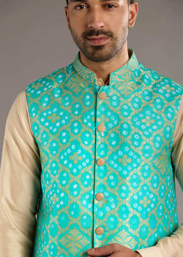 Blue Silk Kurta Jacket Set For Men With Hand Dyed Bandhani Print