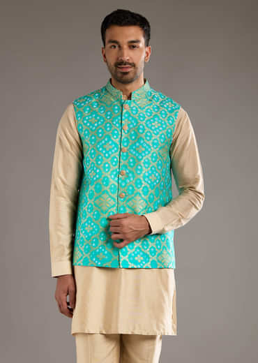 Blue Silk Kurta Jacket Set For Men With Hand Dyed Bandhani Print