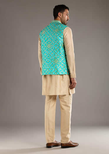 Blue Silk Kurta Jacket Set For Men With Hand Dyed Bandhani Print