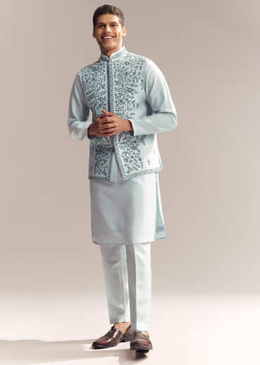 Blue Silk Kurta Jacket Set For Men With Moti Embroidery