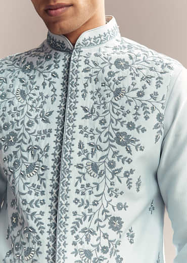 Blue Silk Kurta Jacket Set For Men With Moti Embroidery