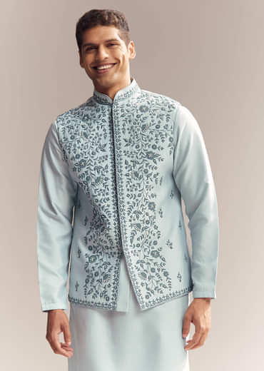 Blue Silk Kurta Jacket Set For Men With Moti Embroidery