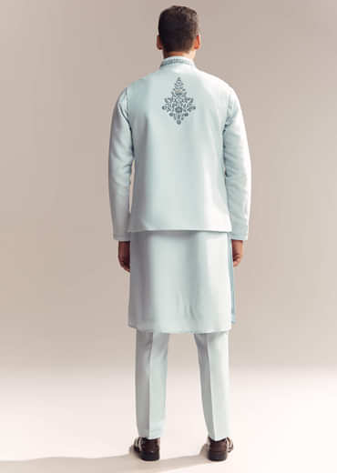 Blue Silk Kurta Jacket Set For Men With Moti Embroidery