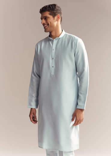 Blue Silk Kurta Jacket Set For Men With Moti Embroidery
