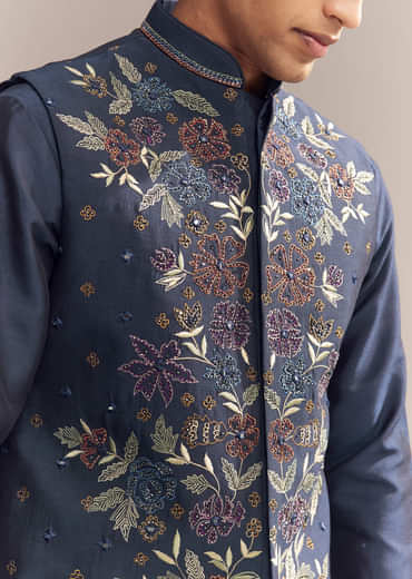 Blue Silk Kurta Jacket Set For Men With Resham Embroidery