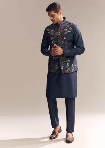 Blue Silk Kurta Jacket Set For Men With Resham Embroidery
