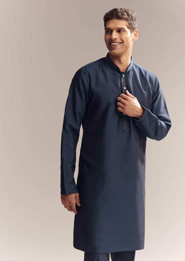 Blue Silk Kurta Jacket Set For Men With Resham Embroidery