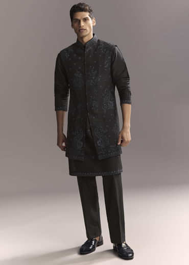 Blue Silk Kurta Jacket Set For Men With Resham Work