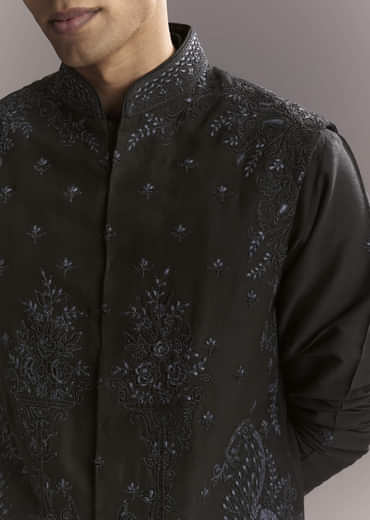 Blue Silk Kurta Jacket Set For Men With Resham Work
