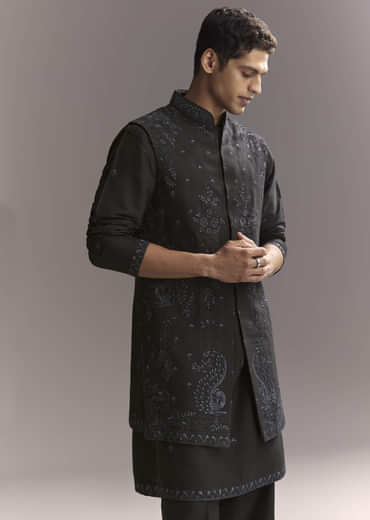 Blue Silk Kurta Jacket Set For Men With Resham Work