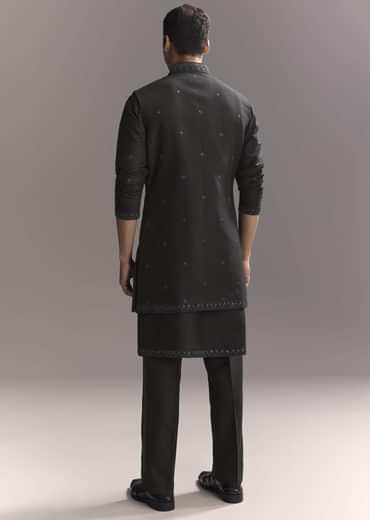 Blue Silk Kurta Jacket Set For Men With Resham Work