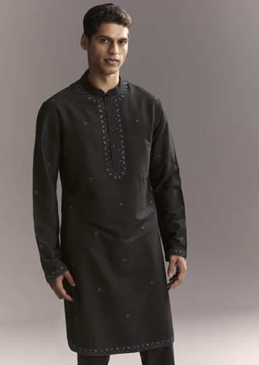 Blue Silk Kurta Jacket Set For Men With Resham Work