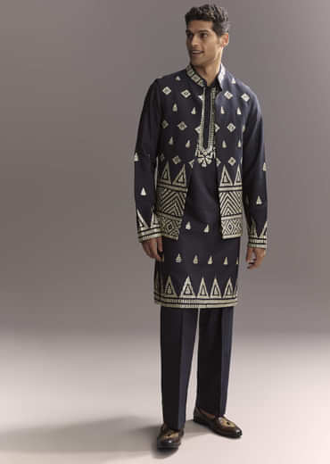 Blue Silk Kurta Jacket Set For Men With Sequins And Zari Embroidery