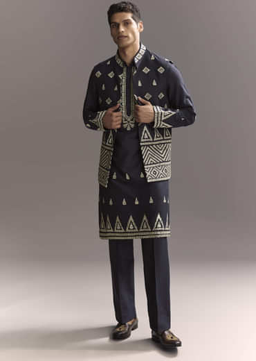 Blue Silk Kurta Jacket Set For Men With Sequins And Zari Embroidery
