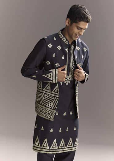 Blue Silk Kurta Jacket Set For Men With Sequins And Zari Embroidery
