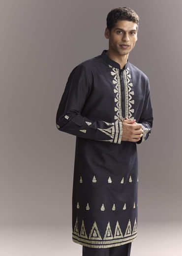 Blue Silk Kurta Jacket Set For Men With Sequins And Zari Embroidery