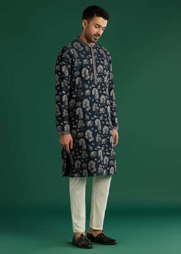 Blue Silk Kurta Set For Men With Animal Motif Thread Work