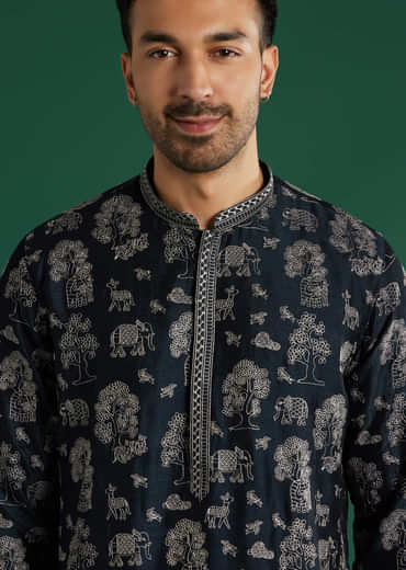 Blue Silk Kurta Set For Men With Animal Motif Thread Work