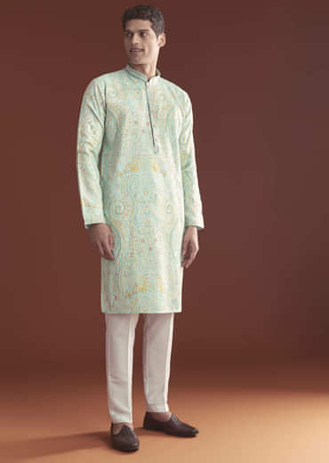Blue Silk Kurta Set For Men With Ethnic Thread Work