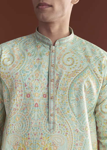Blue Silk Kurta Set For Men With Ethnic Thread Work