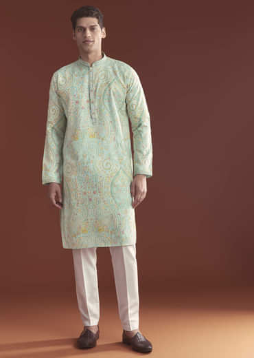 Blue Silk Kurta Set For Men With Ethnic Thread Work