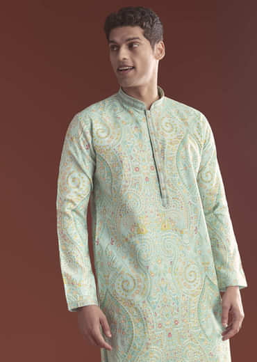 Blue Silk Kurta Set For Men With Ethnic Thread Work
