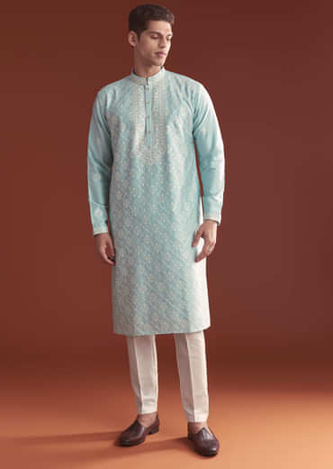 Blue Silk Kurta Set For Men With Fine Resham Embroidery