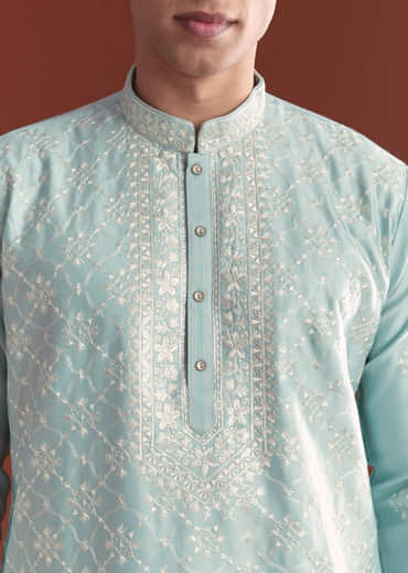 Blue Silk Kurta Set For Men With Fine Resham Embroidery