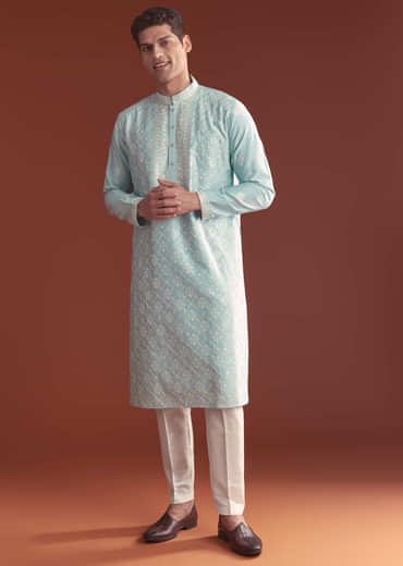 Blue Silk Kurta Set For Men With Fine Resham Embroidery