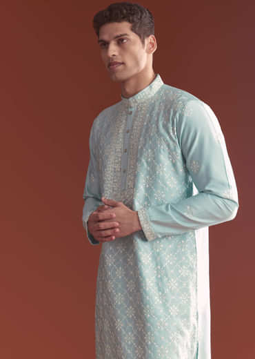 Blue Silk Kurta Set For Men With Fine Resham Embroidery