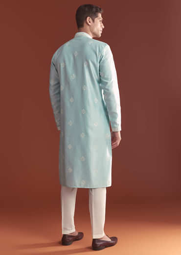 Blue Silk Kurta Set For Men With Fine Resham Embroidery